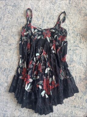 Free People Black Floral Lace-Trim Camisole dress with Red & Mint Print